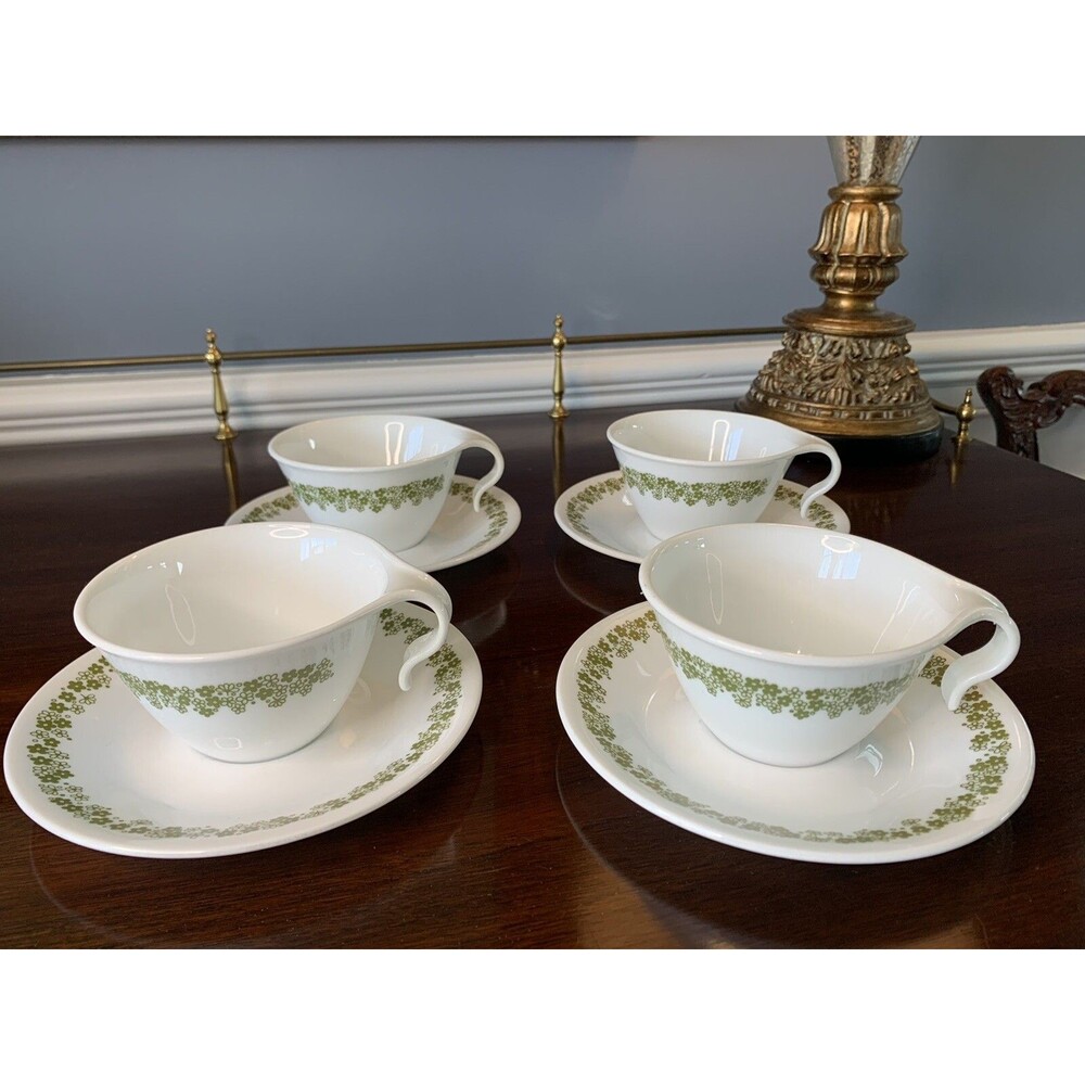 Set Of 4 Corelle Spring Blossom Crazy Daisy Green Hook Handle Cups & Saucers